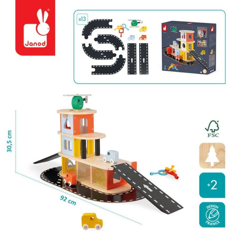 Janod, drewniany garaż piętrowy, zestaw z akcesoriami