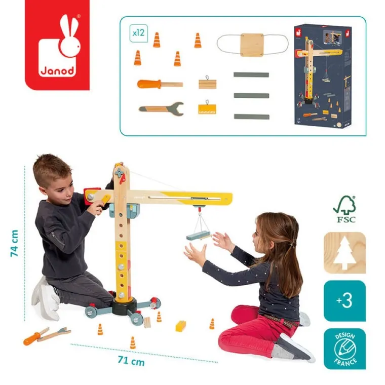 Janod, Duży, drewniany dźwig do składania z narzędziami