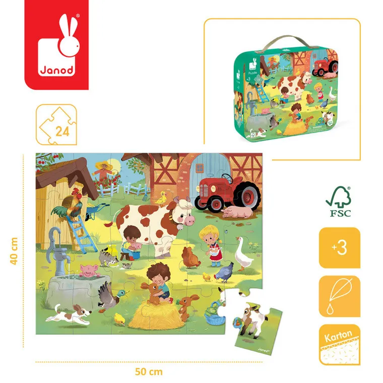Janod, Dzień na farmie, puzzle w walizce, 24 elementy