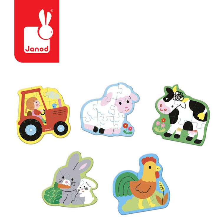 Janod, Farma, drewniane puzzle, 5 układanek