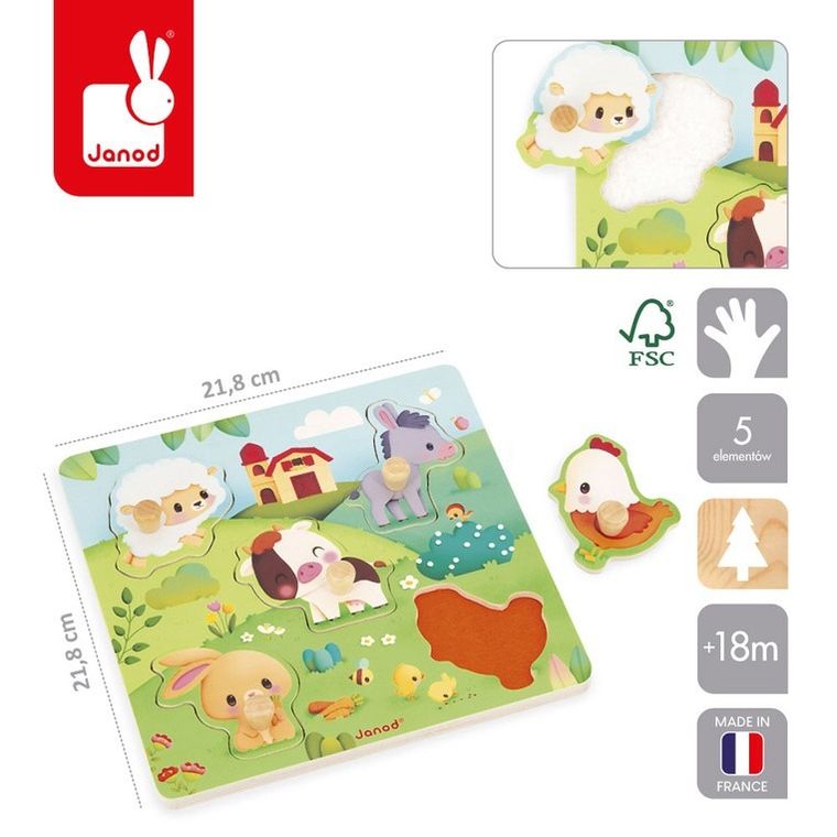 Janod, Farma, drewniane puzzle z rączką, 7 elementów