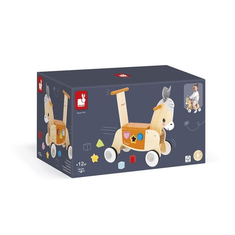 Janod, Farma, Osiołek, jeździk i pchacz 2w1 z sorterem kształtów