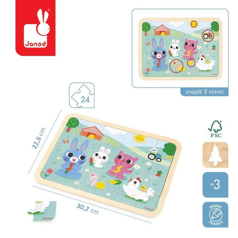 Janod, Farma, puzzle drewniane, 24 elementy