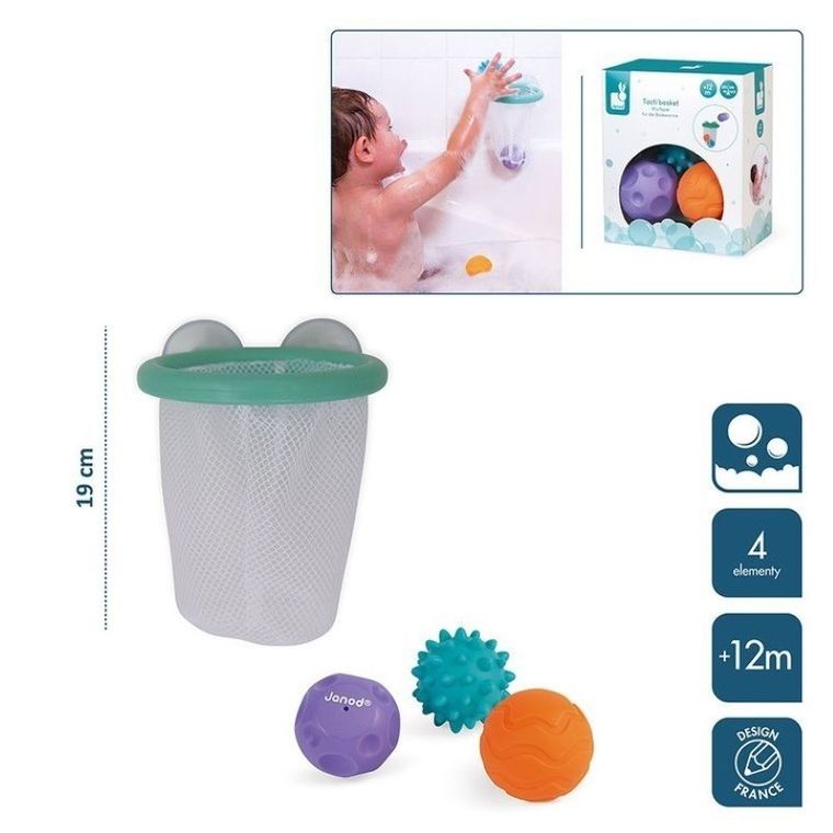 Janod, gra w koszykówkę do kąpieli, kosz z przyssawkami z 3 piłkami