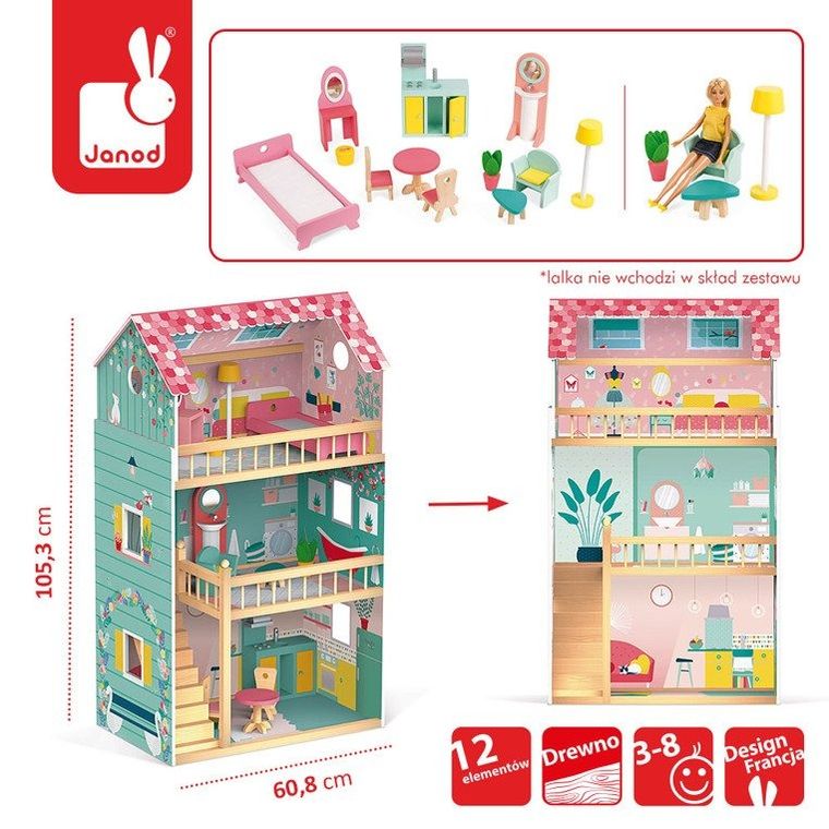 Janod, Happy Day, domek dla lalek XL z 12 akcesoriami