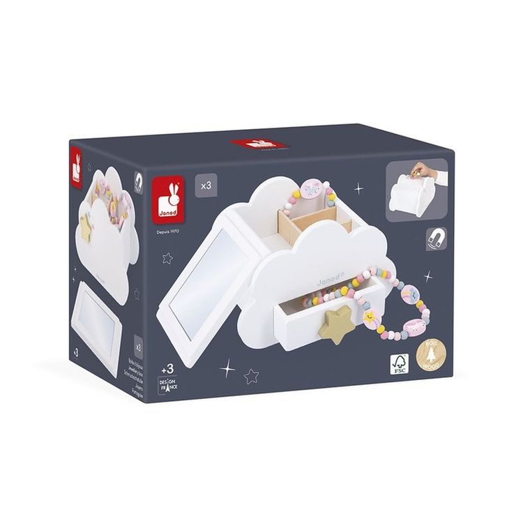 Janod, Jednorożce, szkatułka na biżuterię z lusterkiem, naszyjnikiem i bransoletką