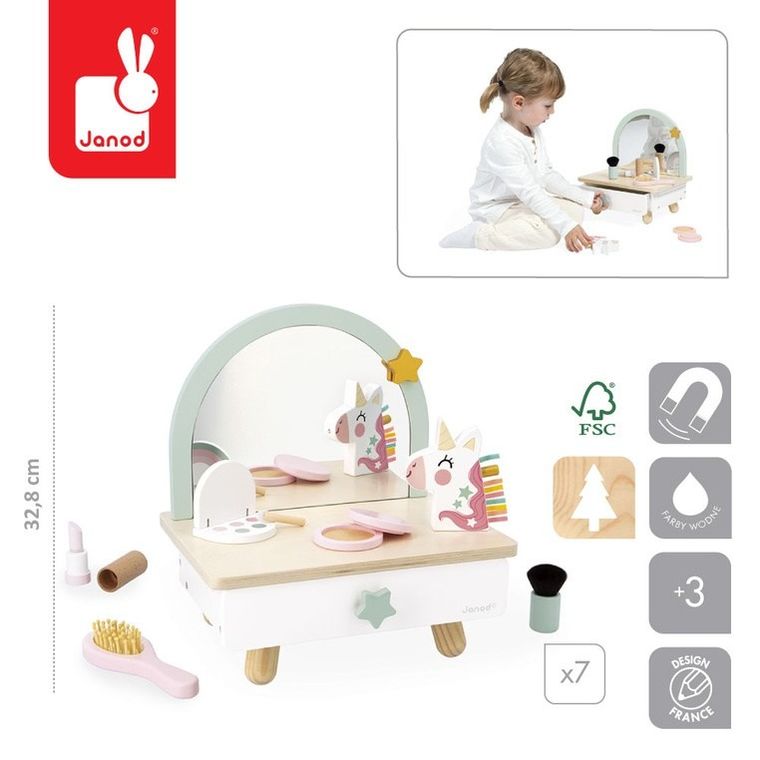 Janod, Jednorożec, mała toaletka z akcesoriami, drewniana