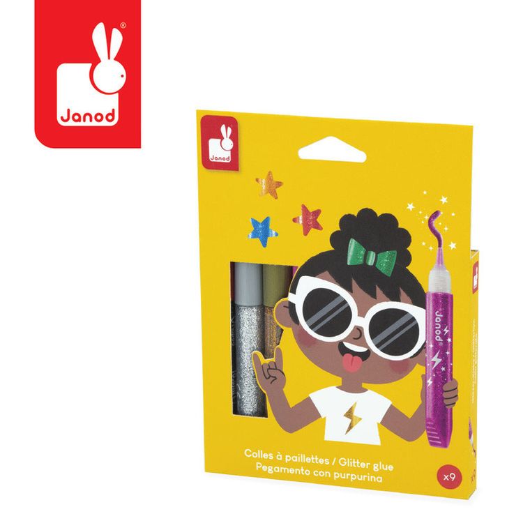 Janod, klej z brokatem, w tubkach, 9 kolorów