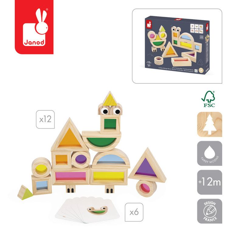 Janod, klocki drewniane, kolorowe, przeźroczyste, sensoryczne