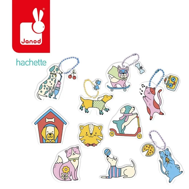 Janod, Koty i psy, ozdoby z termokurczliwego plastiku, 10 szt.