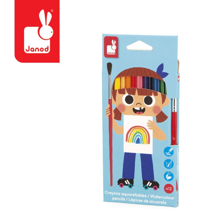 Janod, kredki akwarelowe z pędzelkiem, 12 kolorów
