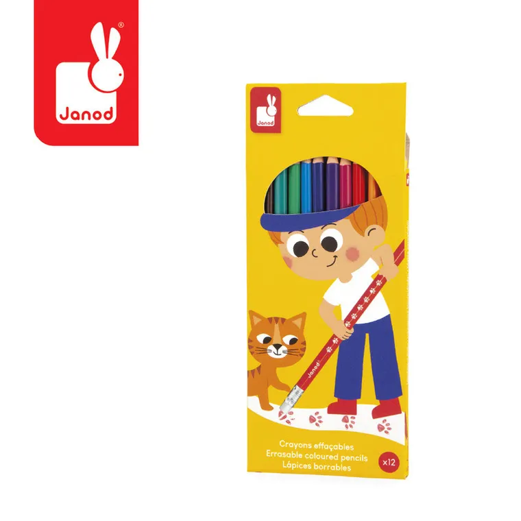 Janod, kredki ołówkowe zmazywalne, z gumką, 12 kolorów