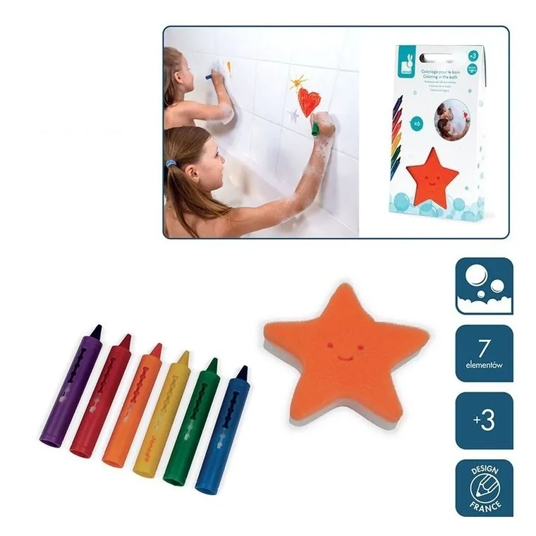 Janod, kredki z gąbką do kąpieli, 6 kolorów