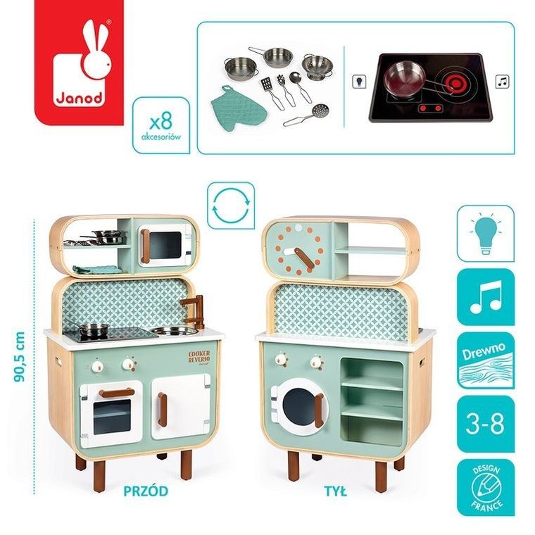 Janod, kuchnia z pralką, dwustronna, drewniana, 2w1, z dźwiękiem, światłem LED z 8 akcesoriami