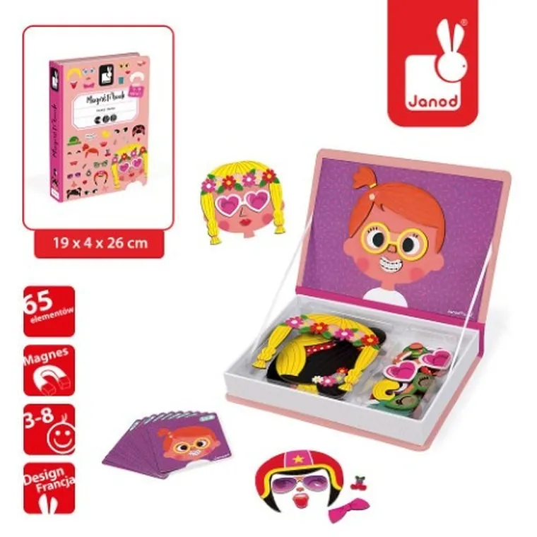 Janod, Magneti’book, Śmieszne buzie, Dziewczynka, magnetyczna układanka