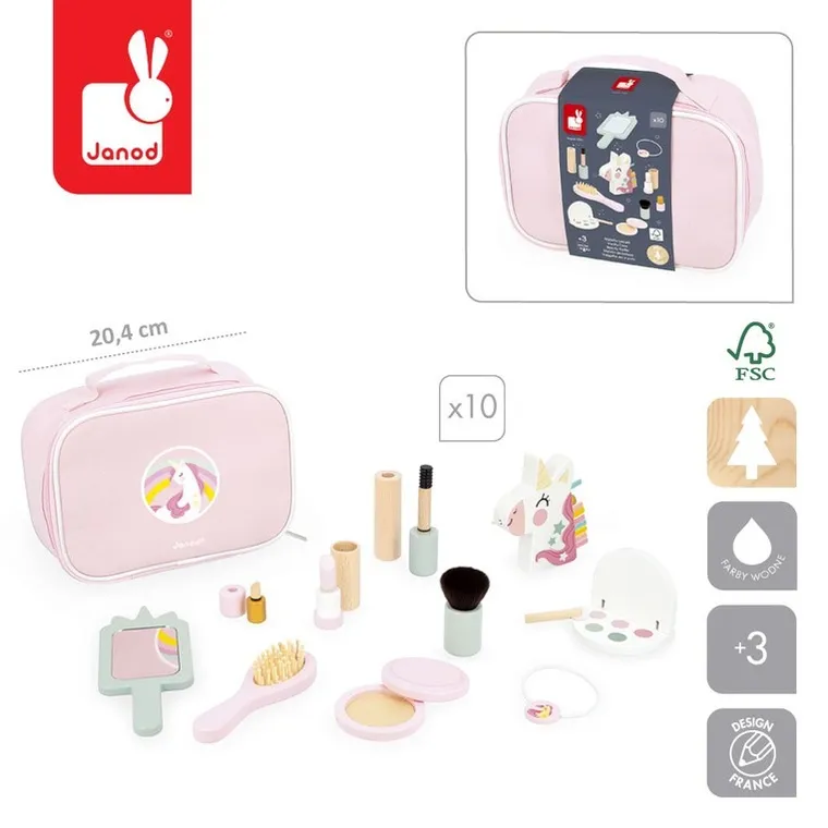 Janod, Mała Miss, Jednorożec, kosmetyczka z 10 akcesoriami