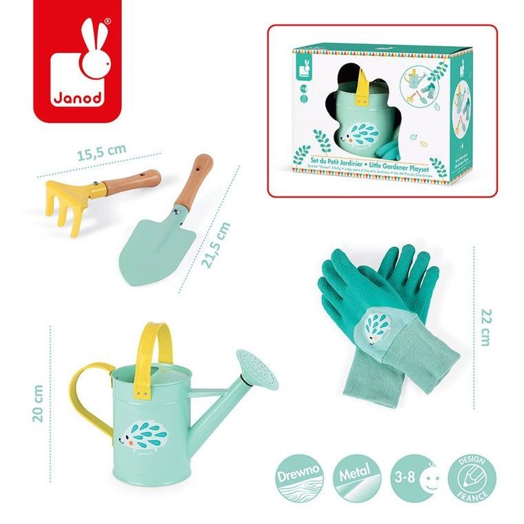Janod, Mały ogrodnik, zestaw narzędzi ogrodowych z konewką, niebieski