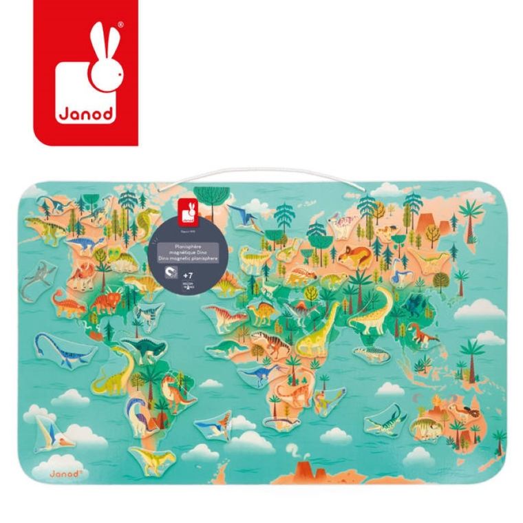 Janod, mapa świata, drewniana układanka magnetyczna, dinozaury, 50 magnesów