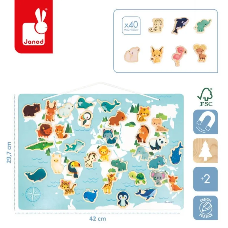 Janod, mapa świata, drewniana układanka magnetyczna, małe zwierzątka, 40 magnesów