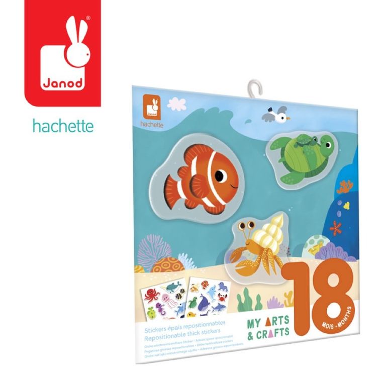 Janod, My arts & crafts, zestaw kreatywny, grube naklejki wielokrotnego użytku, ocean