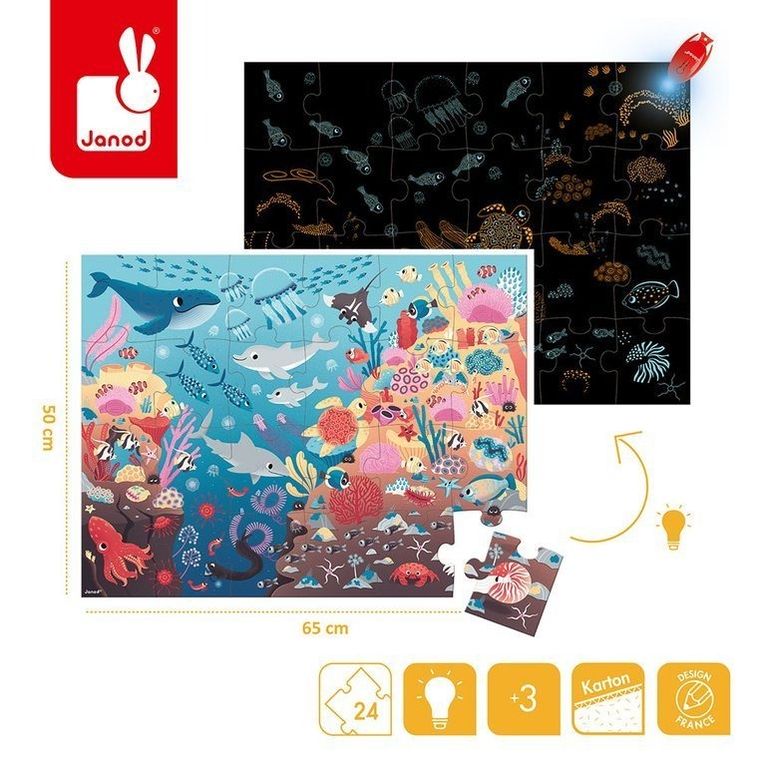 Janod, Ocean, świecące puzzle z mini-lampką UV, 24 elementy