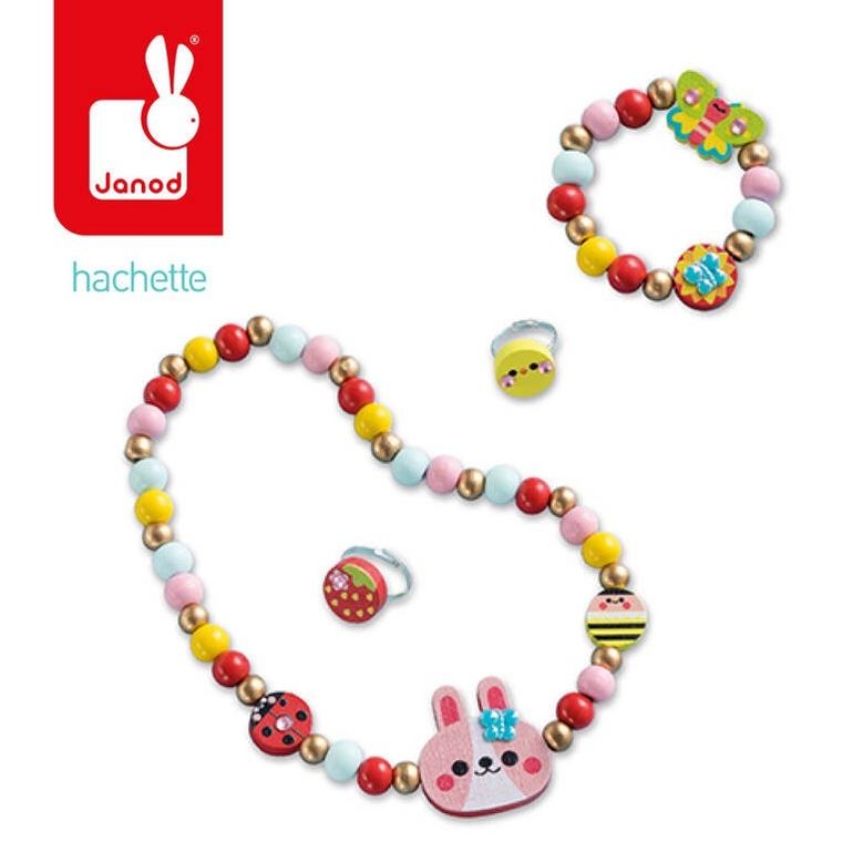 Janod, Ogród kwiatów, zestaw kreatywny do tworzenia biżuterii z drewna