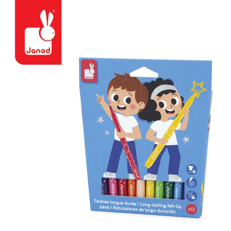 Janod, pisaki z filcową końcówką, flamastry, 12 kolorów