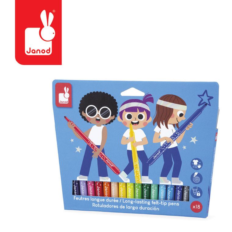 Janod, pisaki z filcową końcówką, flamastry, 18 kolorów