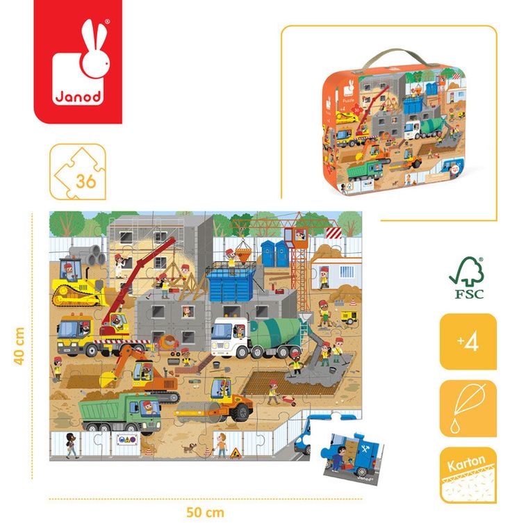 Janod, Plac budowy, puzzle w walizce, 36 elementów