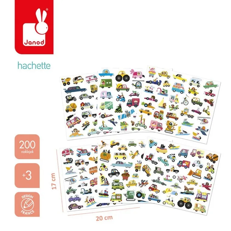 Janod, Pojazdy, naklejki na arkuszach, 200 szt.