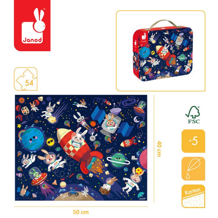 Janod, Rakieta kosmiczna, puzzle w walizce, 54 elementy