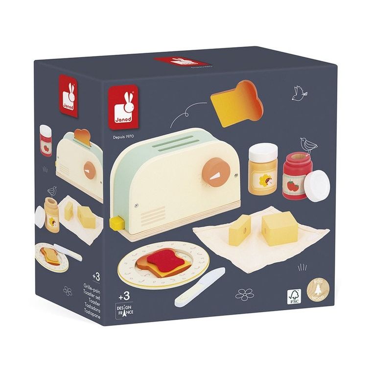Janod, Shiny Grandma, drewniany zestaw śniadaniowy z tosterem i 12 akcesoriami