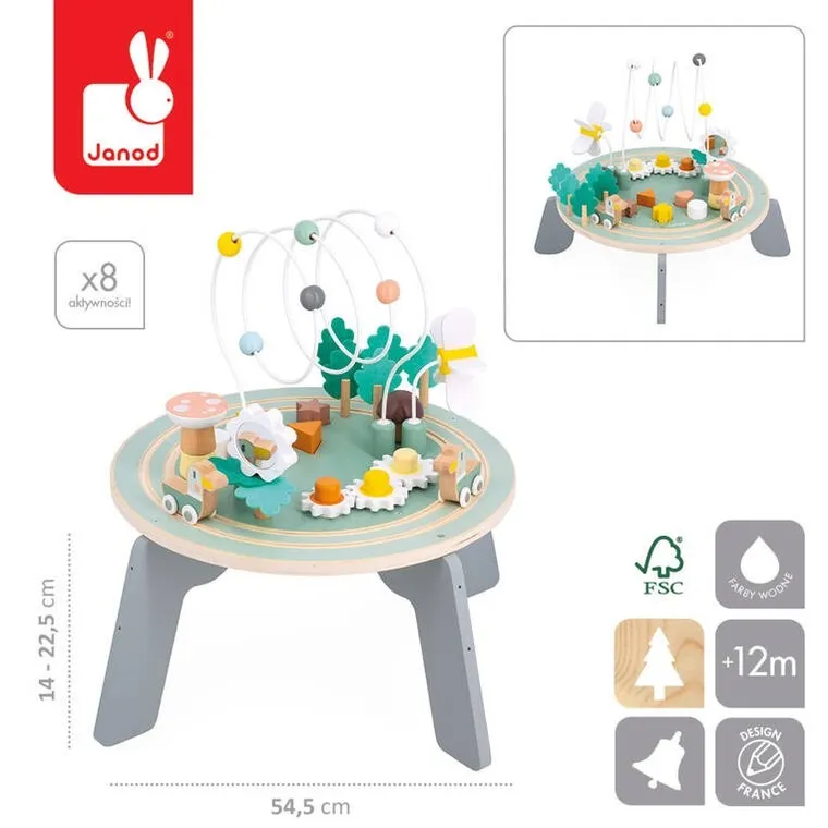 Janod, Sweet Cocoon, wielofunkcyjny stolik edukacyjny, drewniany z regulacją wysokości, Ogród