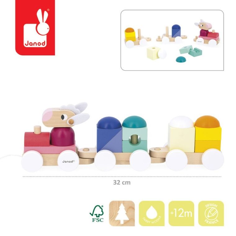 Janod, Zigolos, pociąg drewniany z klockami i zwierzątkami do ciągnięcia