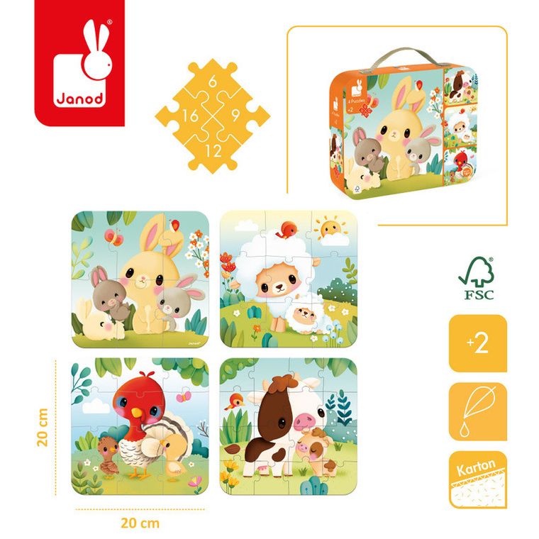 Janod, Zwierzątka na farmie, puzzle progresywne w walizce, 4 układanki