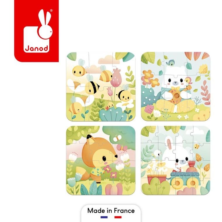 Janod, Zwierzątka Pure, puzzle progresywne w walizce, 4 układanki, 43 elementy