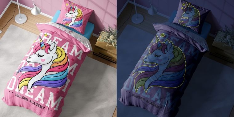 Jednorożec, pościel 2-częściowa, bawełniana, świecąca w ciemności, 160-200 cm