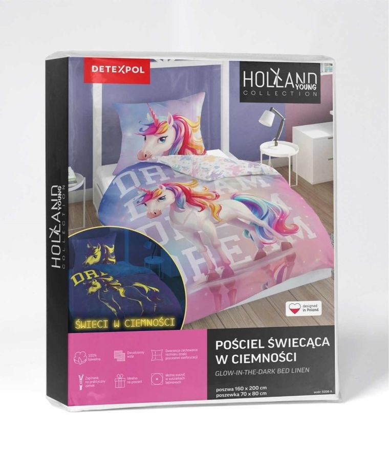 Jednorożec, pościel 2-częściowa, świecąca w ciemności, 160-200 cm