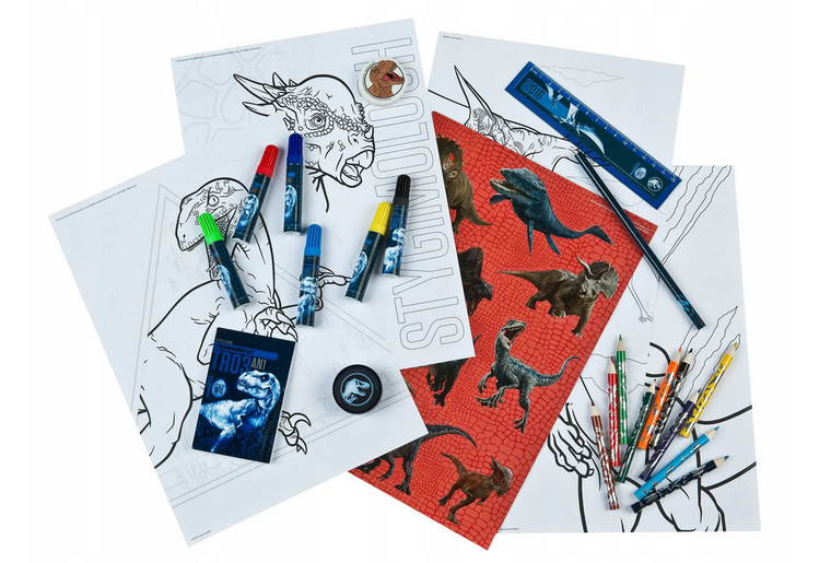 Jurassic World, zestaw przyborów szkolnych z kolorowankami, 35 elementów