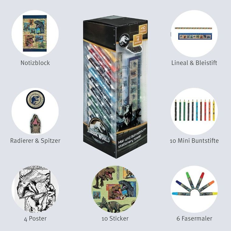 Jurassic World, zestaw przyborów szkolnych z kolorowankami, 35 elementów