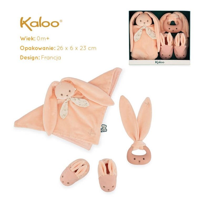Kaloo, Lapinoo, Królik, zestaw prezentowy 3w1: komforter + gryzak + buciki, brzoskwiniowy