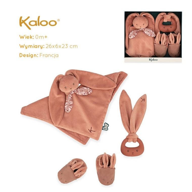 Kaloo, Lapinoo, Królik, zestaw prezentowy 3w1, komforter + gryzak + buciki, ceglany