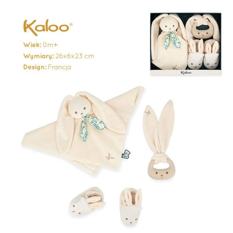 Kaloo, Lapinoo, Królik, zestaw prezentowy 3w1, komforter + gryzak + buciki, kremowy