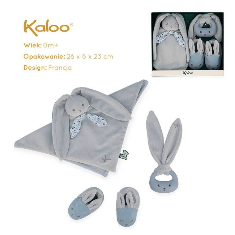 Kaloo, Lapinoo, Królik, zestaw prezentowy 3w1: komforter + gryzak + buciki, niebieski