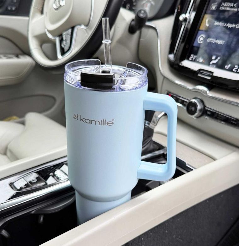 Kamille, stalowy kubek termiczny, termos, 1200 ml, z rączką i słomką