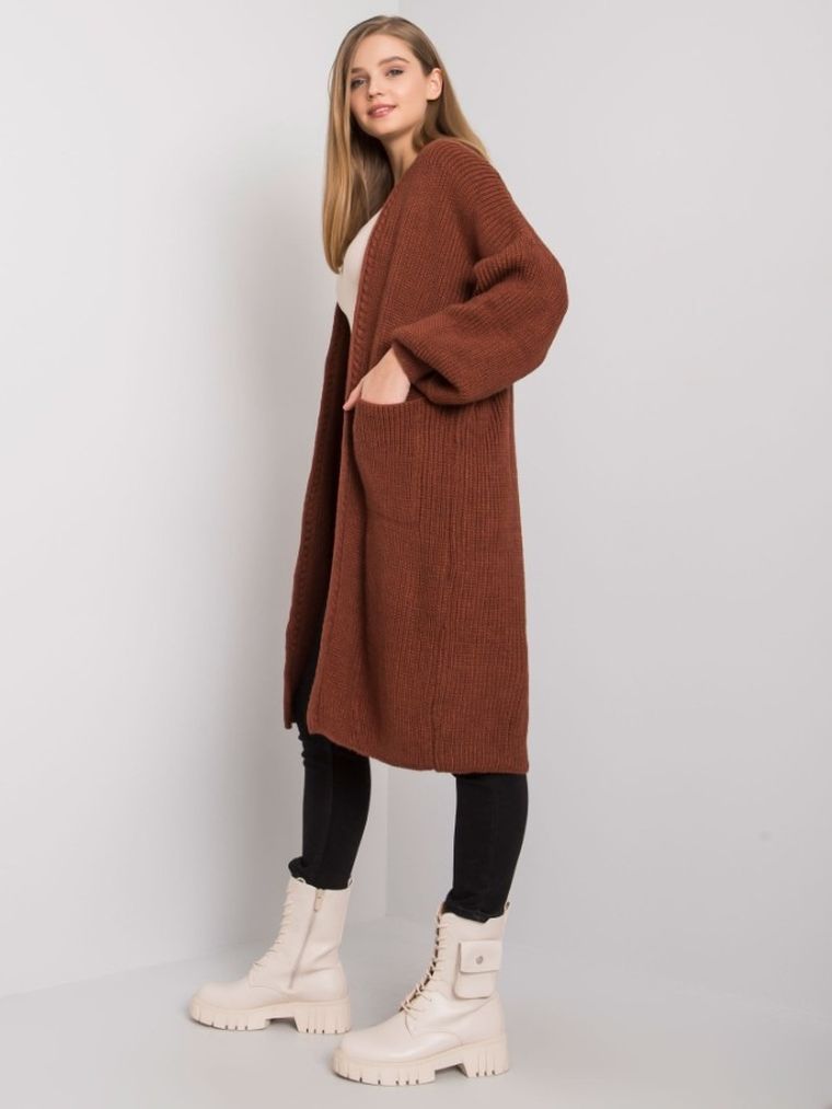 Kardigan damski z wełną, ceglany, Rue Paris