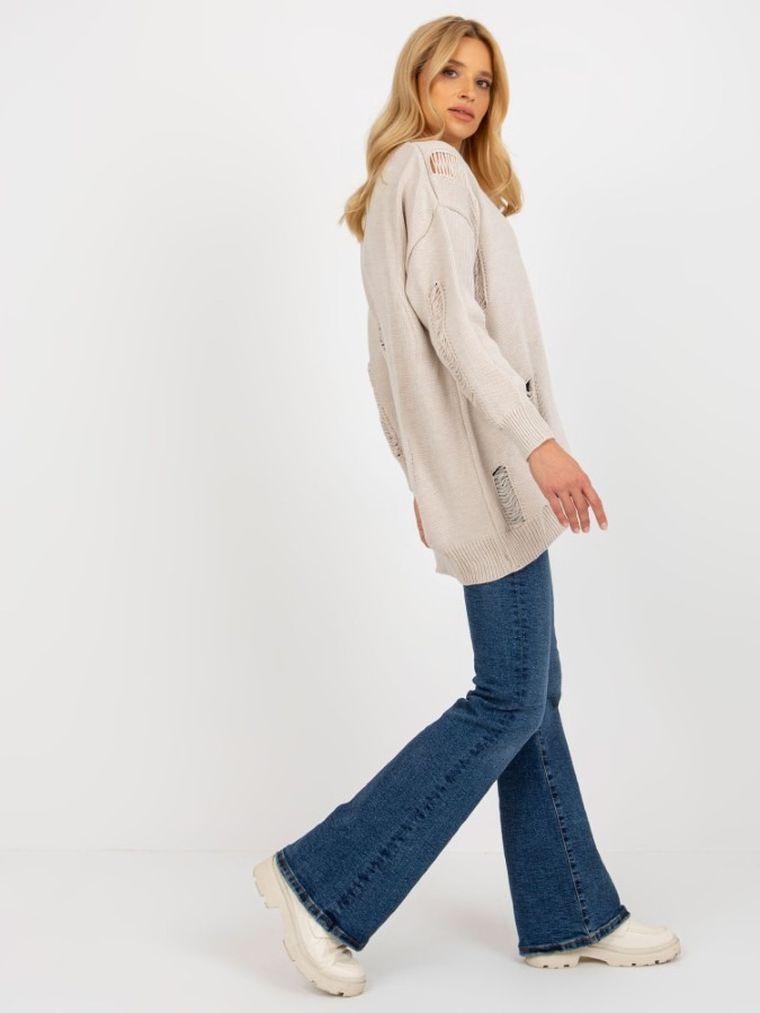 Kardigan damski z wełną, oversize, beżowy, Rue Paris