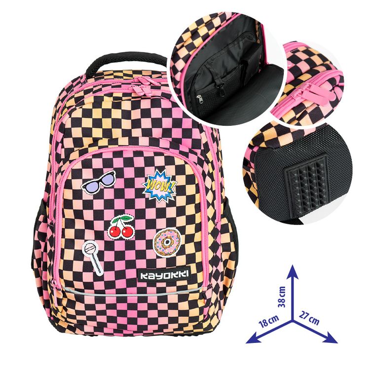 Kayokki, plecak szkolny, 2-komorowy, Szachownica różowo-pomarańczowa