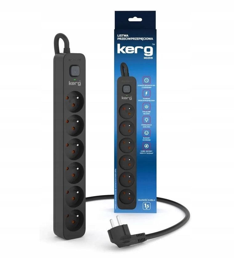 Kerg, listwa zasilająca z wyłącznikiem, 6 gniazd, 16A, 1,5m, czarny