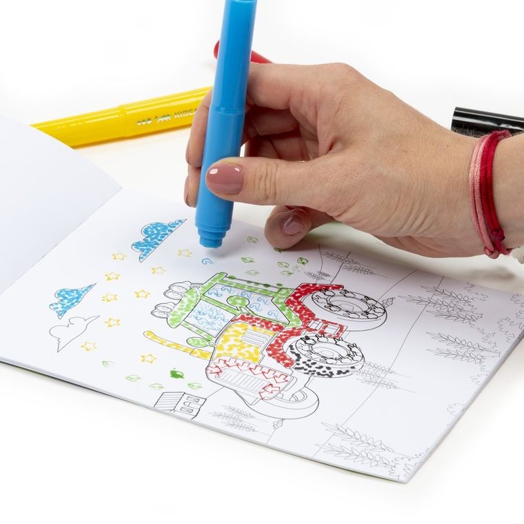 Kidea, flamastry do malowania kropkami ze stempelkami + kolorowanka pojazdy